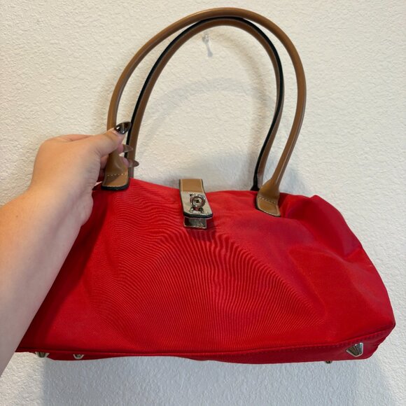 Red Nylon Shoulder Bag Tan Faux Leather Handles Classic Everyday Purse - Picture 2 of 10